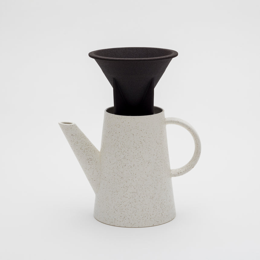 Sprinkle style coffee pot designed by Big Game for Arita 2016. Contemporary shape. Off-white with gold sprinkle. Black porcelain coffee dripped fitted on top.